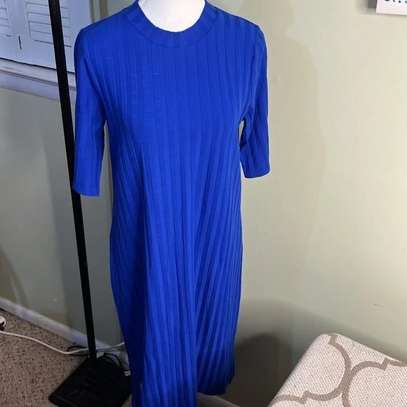 Eileen Fisher Ribbed Mock-Neck Dress Royal Blue Size medium Shift Short Sleeve - Picture 3 of 13